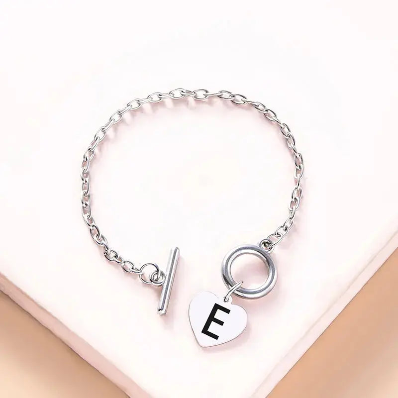 Lovcia Silver Color Link Chain OT Buckle Clasp Bracelet 26 Initial Letter Heart Charms Bracelets For Women Girls-Bracelets-E-E