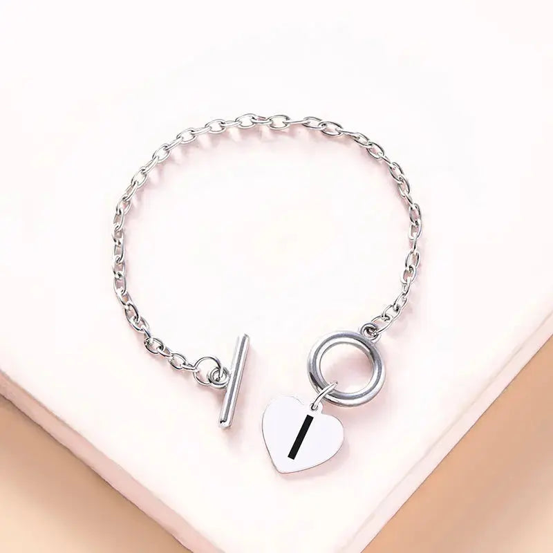 Lovcia Silver Color Link Chain OT Buckle Clasp Bracelet 26 Initial Letter Heart Charms Bracelets For Women Girls-Bracelets-I-I