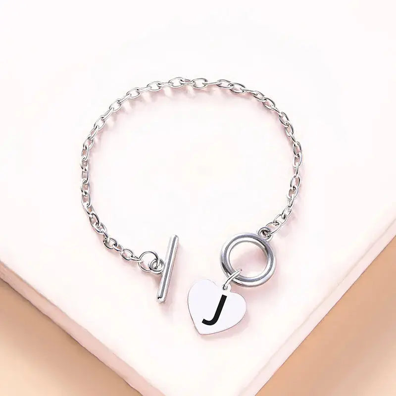 Lovcia Silver Color Link Chain OT Buckle Clasp Bracelet 26 Initial Letter Heart Charms Bracelets For Women Girls-Bracelets-J-J