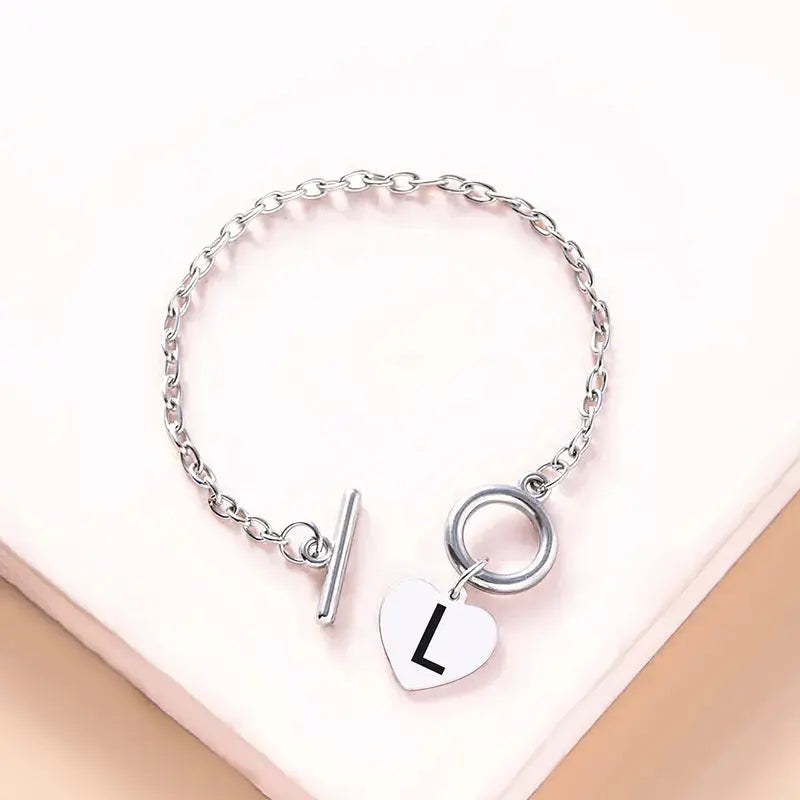 Lovcia Silver Color Link Chain OT Buckle Clasp Bracelet 26 Initial Letter Heart Charms Bracelets For Women Girls-Bracelets-L-L