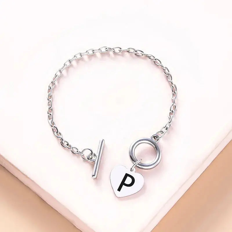 Lovcia Silver Color Link Chain OT Buckle Clasp Bracelet 26 Initial Letter Heart Charms Bracelets For Women Girls-Bracelets-P-P