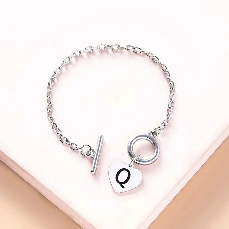 Lovcia Silver Color Link Chain OT Buckle Clasp Bracelet 26 Initial Letter Heart Charms Bracelets For Women Girls-Bracelets-Q-Q