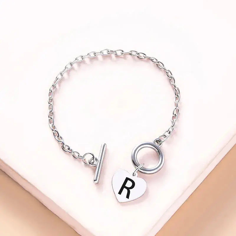 Lovcia Silver Color Link Chain OT Buckle Clasp Bracelet 26 Initial Letter Heart Charms Bracelets For Women Girls-Bracelets-R-R