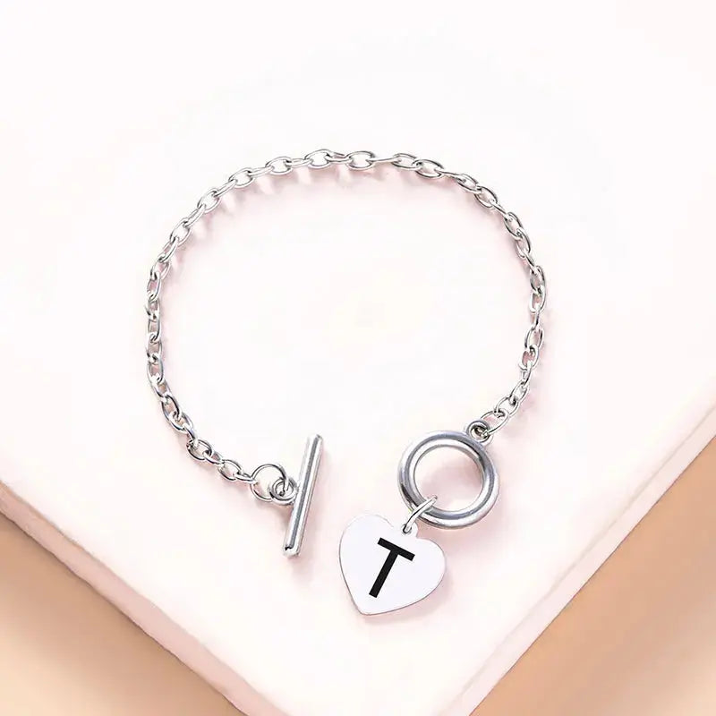 Lovcia Silver Color Link Chain OT Buckle Clasp Bracelet 26 Initial Letter Heart Charms Bracelets For Women Girls-Bracelets-T-T