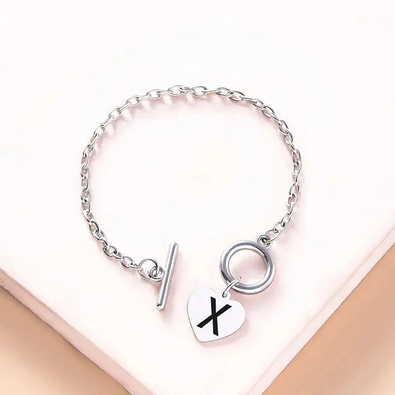 Lovcia Silver Color Link Chain OT Buckle Clasp Bracelet 26 Initial Letter Heart Charms Bracelets For Women Girls-Bracelets-X-X