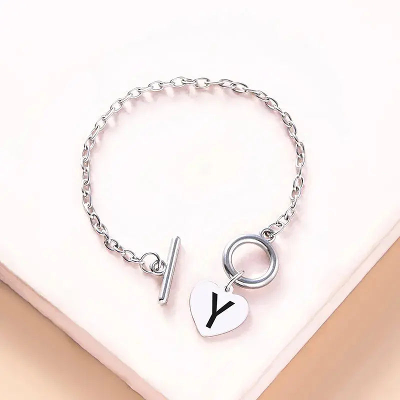 Lovcia Silver Color Link Chain OT Buckle Clasp Bracelet 26 Initial Letter Heart Charms Bracelets For Women Girls-Bracelets-Y-Y