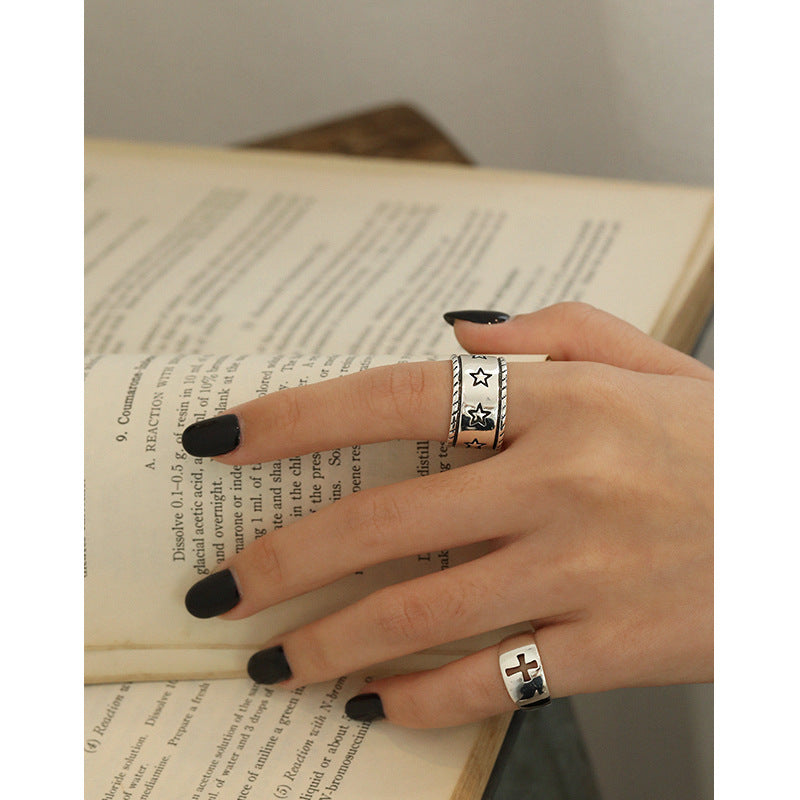 Lovcia Silver Star Twisted Border Sterling Adjustable Ring-Rings-Vintage-Vintage