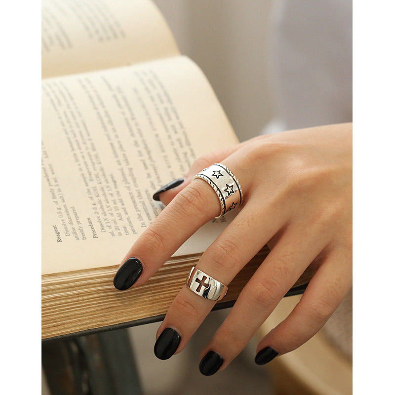 Lovcia Silver Star Twisted Border Sterling Adjustable Ring-Rings-Vintage-Vintage