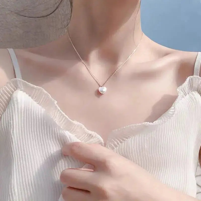 Lovcia Simple And Sweet Girl Short Opal Pearl Peach Heart Pendant Clavicle Chain-Necklaces-Cracked pink-Cracked pink