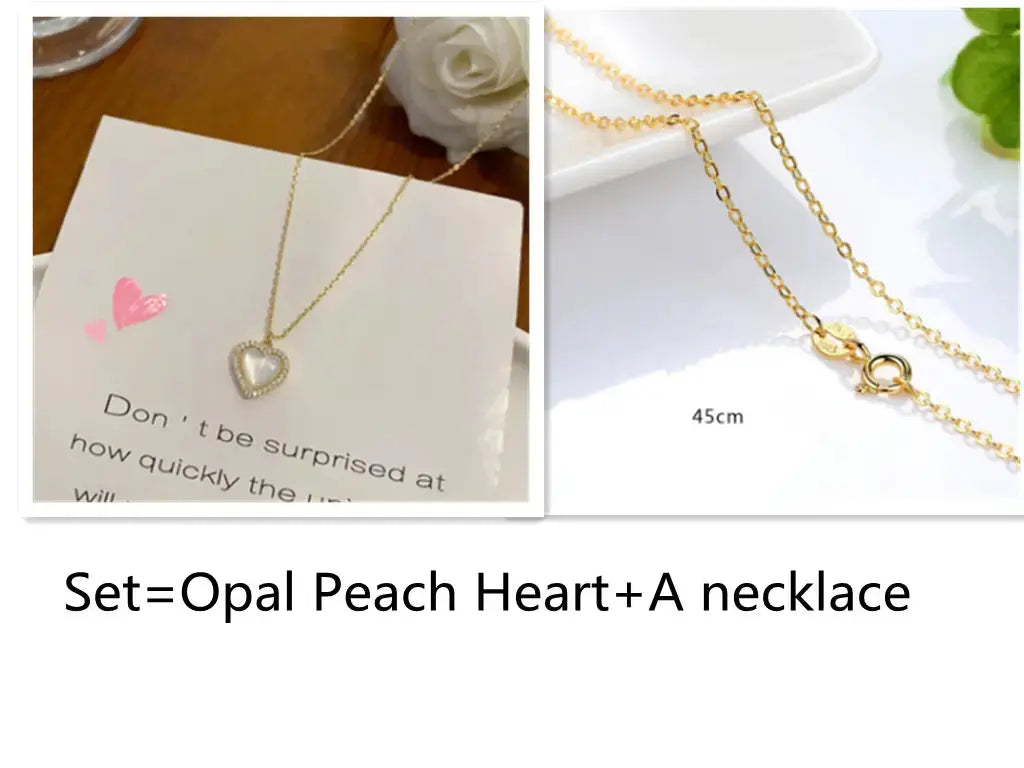 Lovcia Simple And Sweet Girl Short Opal Pearl Peach Heart Pendant Clavicle Chain-Necklaces-Set-Set