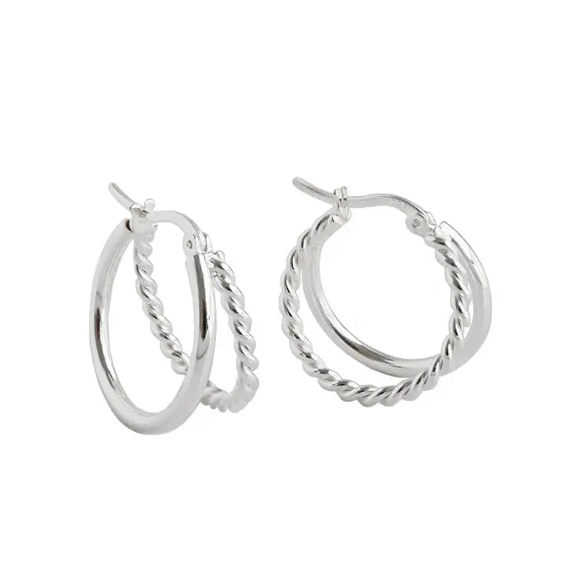 Lovcia Simple Double Layers Twisted 925 Sterling Silver Hoop Earrings-Earrings-Rhodium-Rhodium
