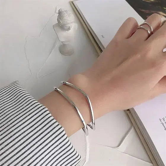 Lovcia Simple Double Layler 925 Sterling Silver Open Bangle-Bracelets-Silver-Silver