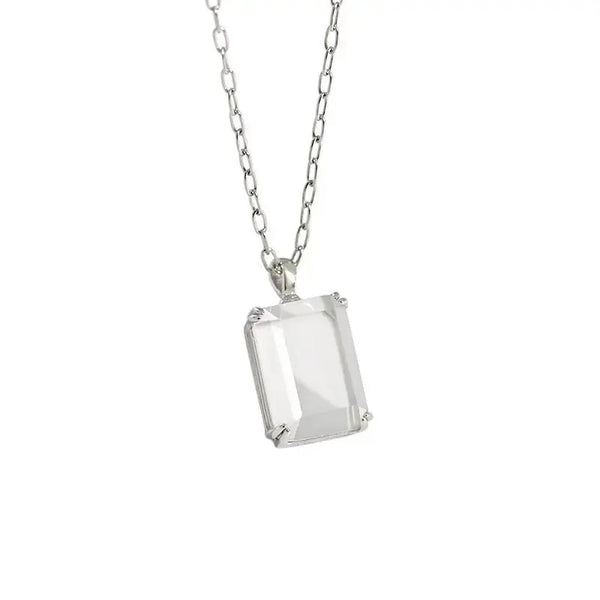 Lovcia Simple Geometric Square Golden Sandstone White Crystal 925 Sterling Silver Necklace-Necklaces-White-White