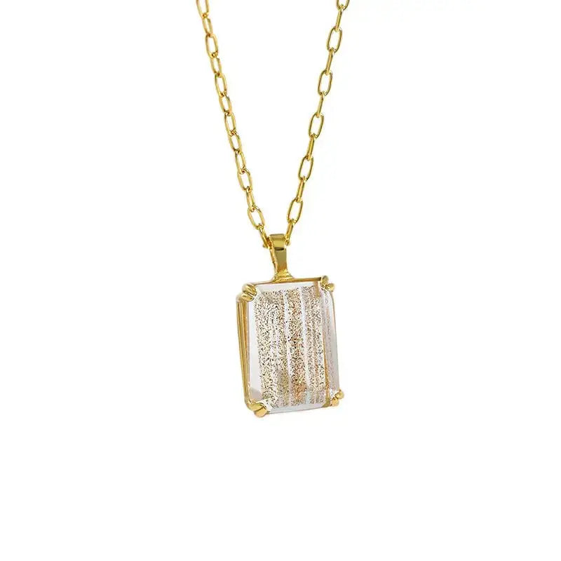 Lovcia Simple Geometric Square Golden Sandstone White Crystal 925 Sterling Silver Necklace-Necklaces-White-White