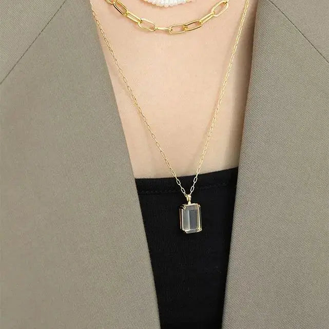 Lovcia Simple Geometric Square Golden Sandstone White Crystal 925 Sterling Silver Necklace-Necklaces-White-White
