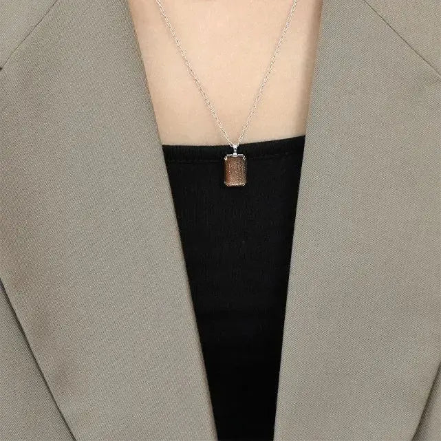 Lovcia Simple Geometric Square Golden Sandstone White Crystal 925 Sterling Silver Necklace-Necklaces-White-White