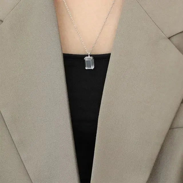 Lovcia Simple Geometric Square Golden Sandstone White Crystal 925 Sterling Silver Necklace-Necklaces-White-White