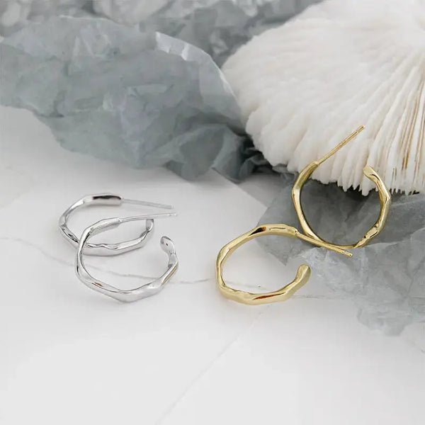Lovcia Simple Geometry Irregular Circle 925 Sterling Silver Hoop Earrings-Earrings-Rhodium-Rhodium
