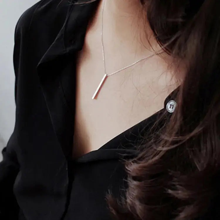 Lovcia Simple Geometry Square Bar 925 Sterling Silver Necklace-Necklaces-Rhodium-Rhodium