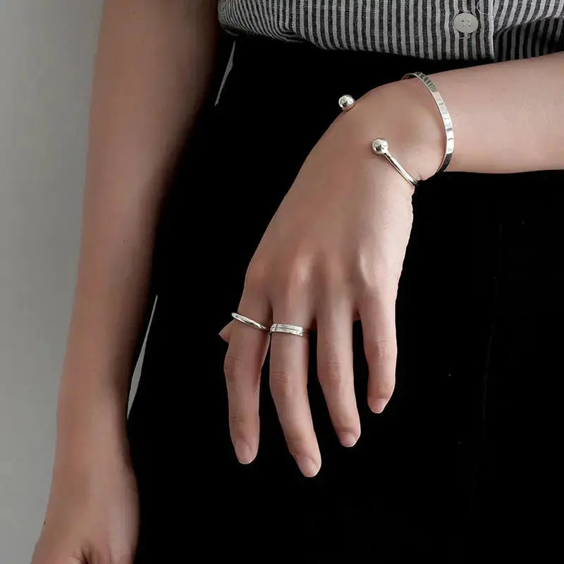 Lovcia Simple Gold Beads 925 Sterling Silver Open Bangle-Bracelets-Rhodium-Rhodium