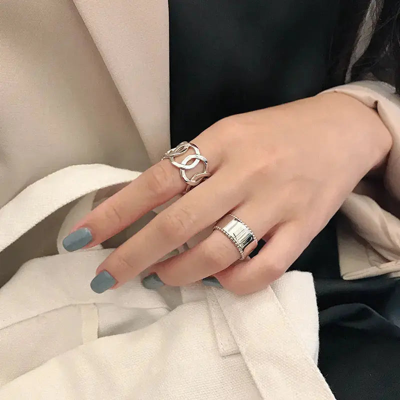 Lovcia Simple Hollow Chain Wide New 925 Sterling Silver Adjustable Ring-Rings-Rhodium-Rhodium