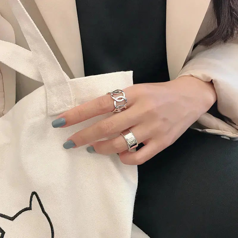 Lovcia Simple Hollow Chain Wide New 925 Sterling Silver Adjustable Ring-Rings-Rhodium-Rhodium