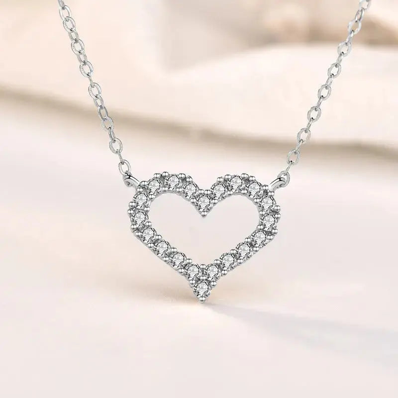 Lovcia Simple Hollow CZ Heart 925 Sterling Silver Necklace-Necklaces-Silver-Silver