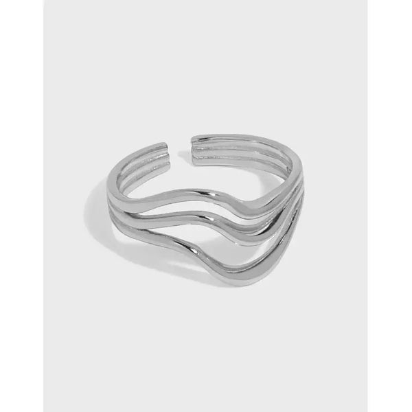 Lovcia Simple Hollow Triple Lines Wave 925 Sterling Silver Adjustable Ring-Rings-Rhodium-Rhodium