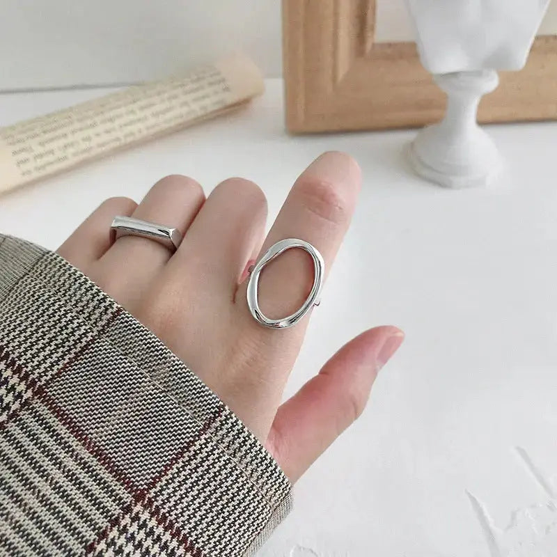 Lovcia Simple Irregular Geometry Hollow Circles 925 Sterling Silver Adjustable Ring-Rings-Rhodium-Rhodium