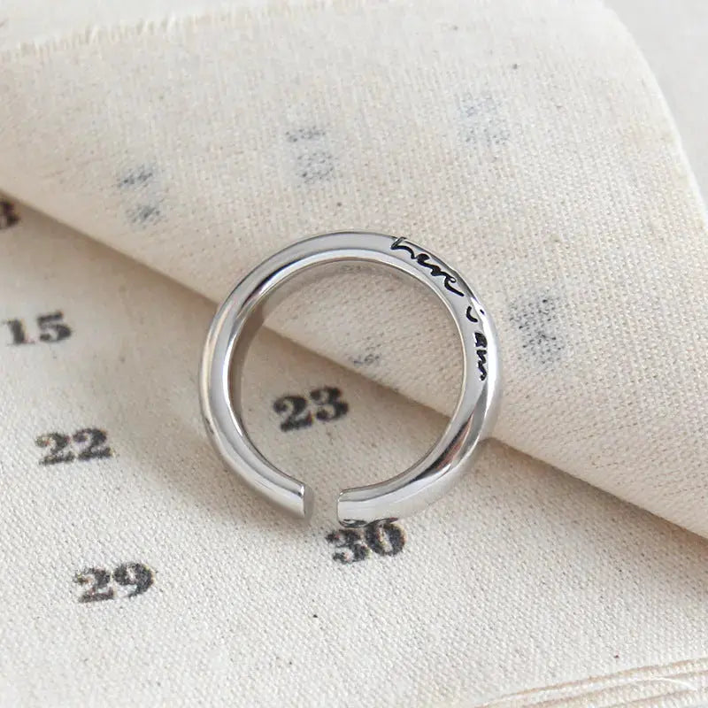 Lovcia Simple Letters Here i am 925 Sterling Silver Adjustable Ring-Rings-Rhodium-Rhodium