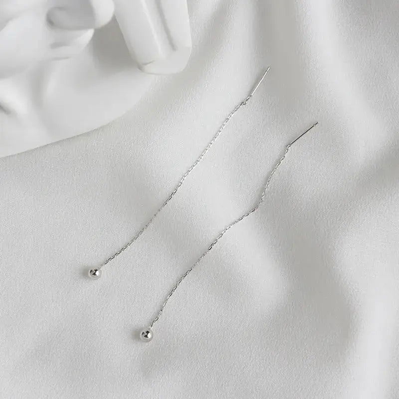 Lovcia Simple Mini Beads 925 Sterling Silver Thread Dangling Earrings-Earrings-Rhodium-Rhodium