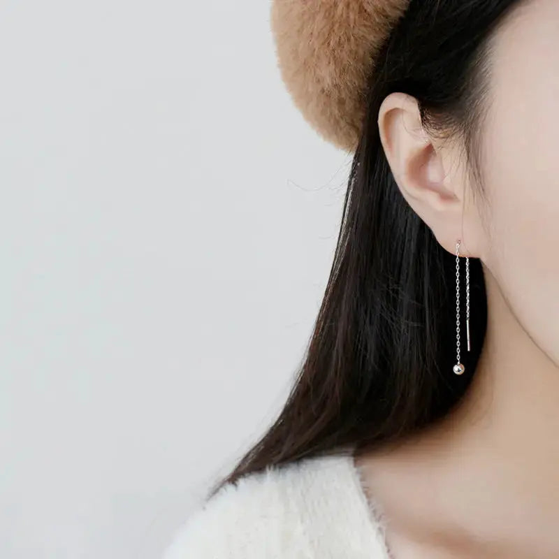 Lovcia Simple Mini Beads 925 Sterling Silver Thread Dangling Earrings-Earrings-Rhodium-Rhodium