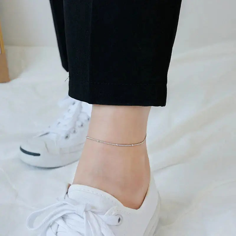 Lovcia Simple Mini Beads Curb Chain 925 Sterling Silver Anklet-Anklets-Rhodium-Rhodium