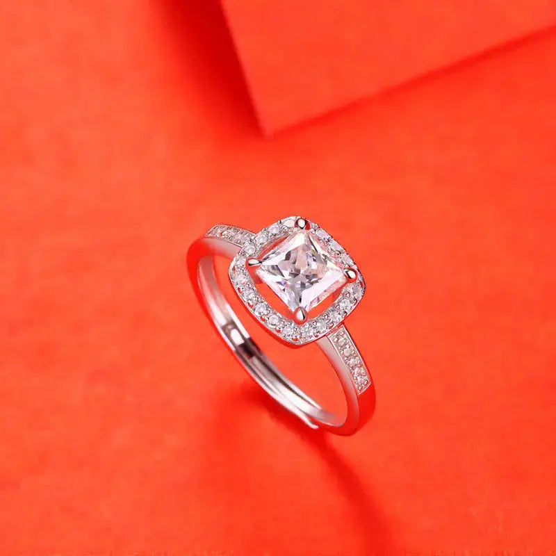 Lovcia Simple Shining Moissanite CZ Square 925 Sterling Silver Adjustable Ring-Rings-1 ct ( Certificate Included )-1 ct ( Certificate Included )