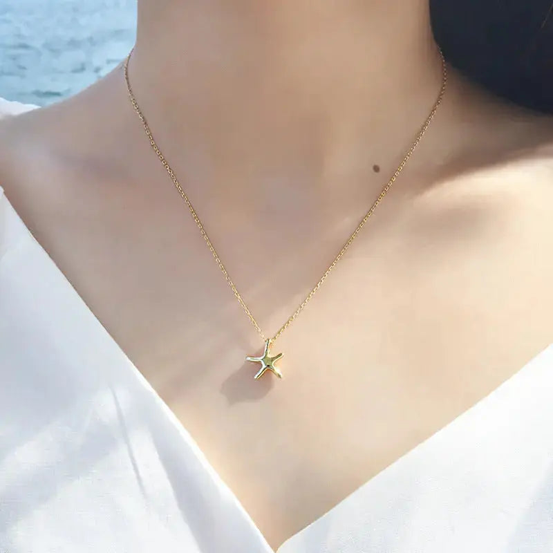 Lovcia Simple Starfish Five Stars 925 Sterling Silver Necklace-Necklaces-Yellow Gold-Yellow Gold