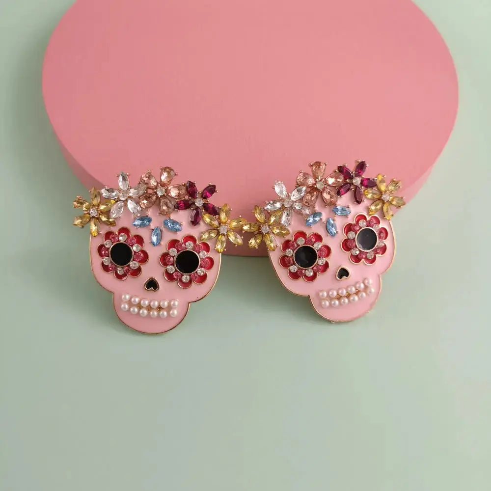 Lovcia Skull Rhinestone Alloy Earrings-Earrings-Blush Pink-One Size-Blush Pink
