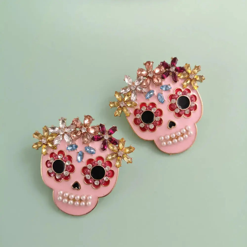 Lovcia Skull Rhinestone Alloy Earrings-Earrings-Blush Pink-One Size-Blush Pink