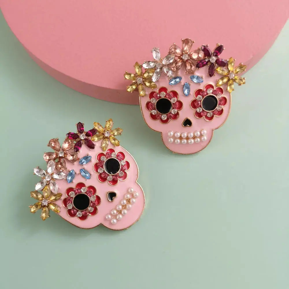 Lovcia Skull Rhinestone Alloy Earrings-Earrings-Blush Pink-One Size-Blush Pink