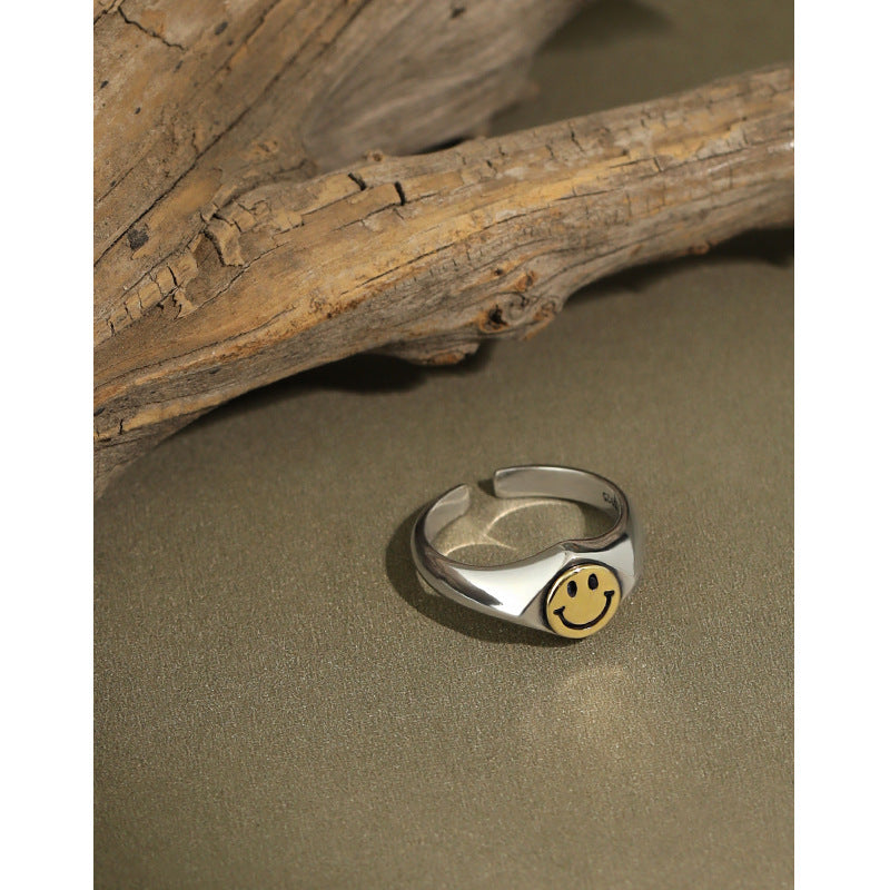 Lovcia Smile Face Adjustable Sterling Silver Ring Gold Tone-Rings-US 6-US 6