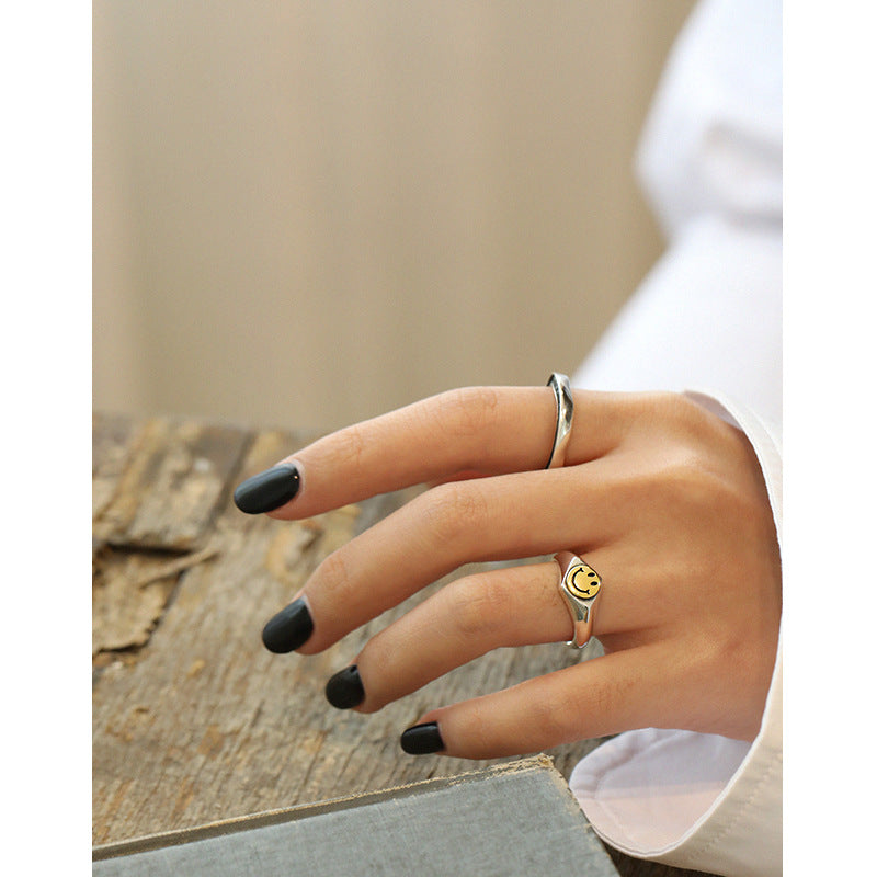 Lovcia Smile Face Adjustable Sterling Silver Ring Gold Tone-Rings-US 6-US 6