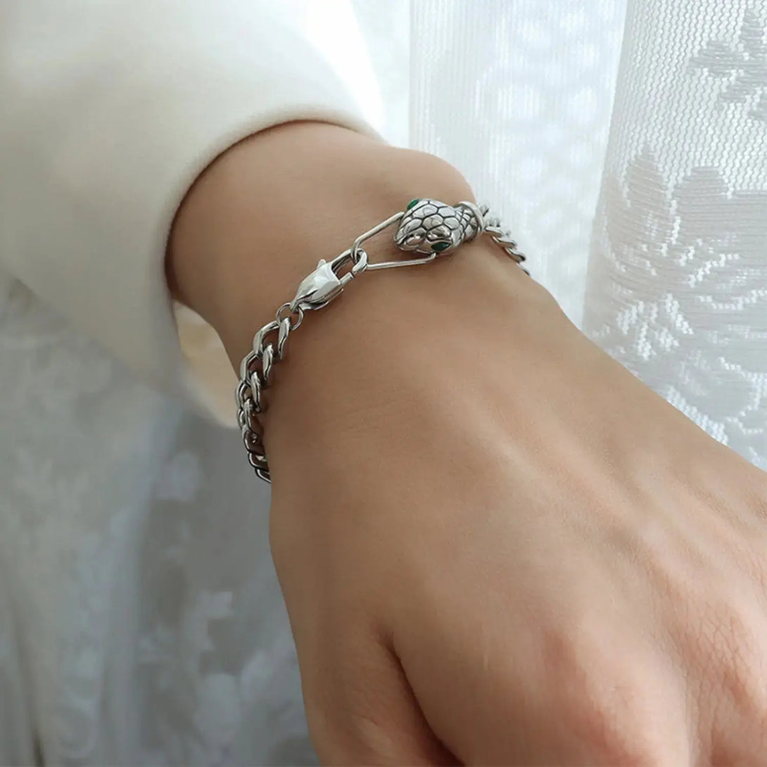 Lovcia Snake Head Chain Titanium Steel Bracelet-Bracelets-Green/Silver-One Size-Green/Silver