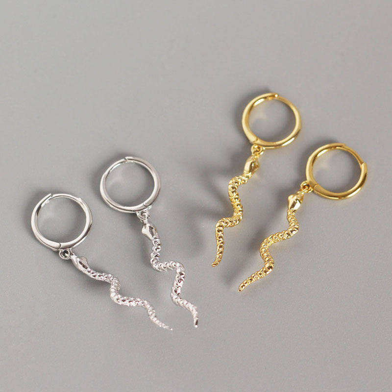 Lovcia Snake Wave Dangling Hoop Earrings Gold Plated 925-Earrings-Yellow Gold-Yellow Gold