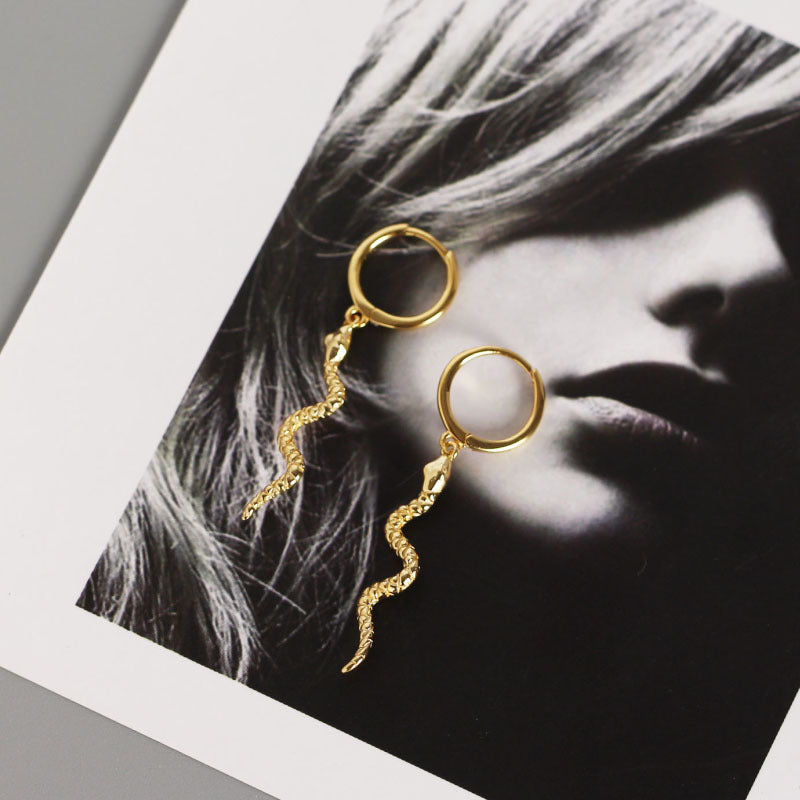 Lovcia Snake Wave Dangling Hoop Earrings Gold Plated 925-Earrings-Yellow Gold-Yellow Gold