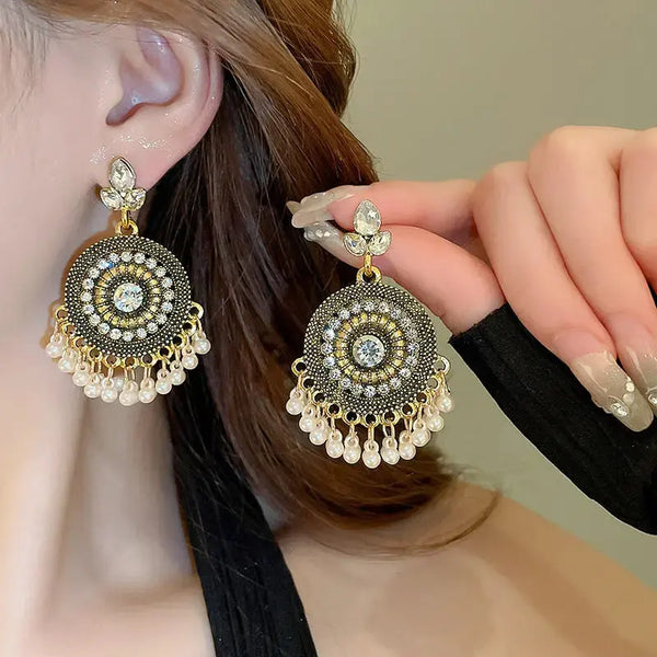 Lovcia Sparkling Rhinestone Drop Earrings with Alloy Beads for Women-Earrings-White-One Size-White