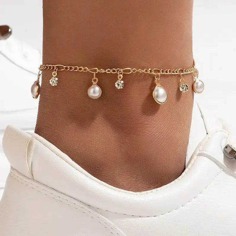 Lovcia Sparkling Zircon Pearl Tassel Anklet for Women - Radiate Elegance with Every Step-Anklets-Gold-Gold