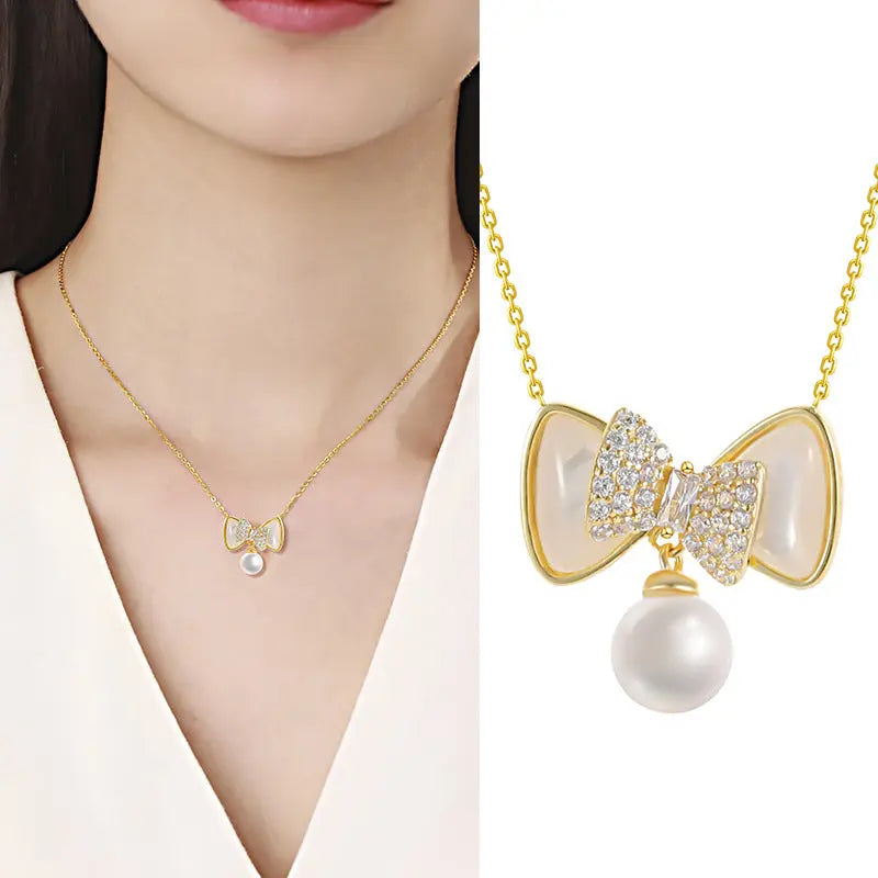 Lovcia Speciality Design Bow Pearl Pendant Sterling Silver Necklace for Women-Necklaces-925 Silver-925 Silver
