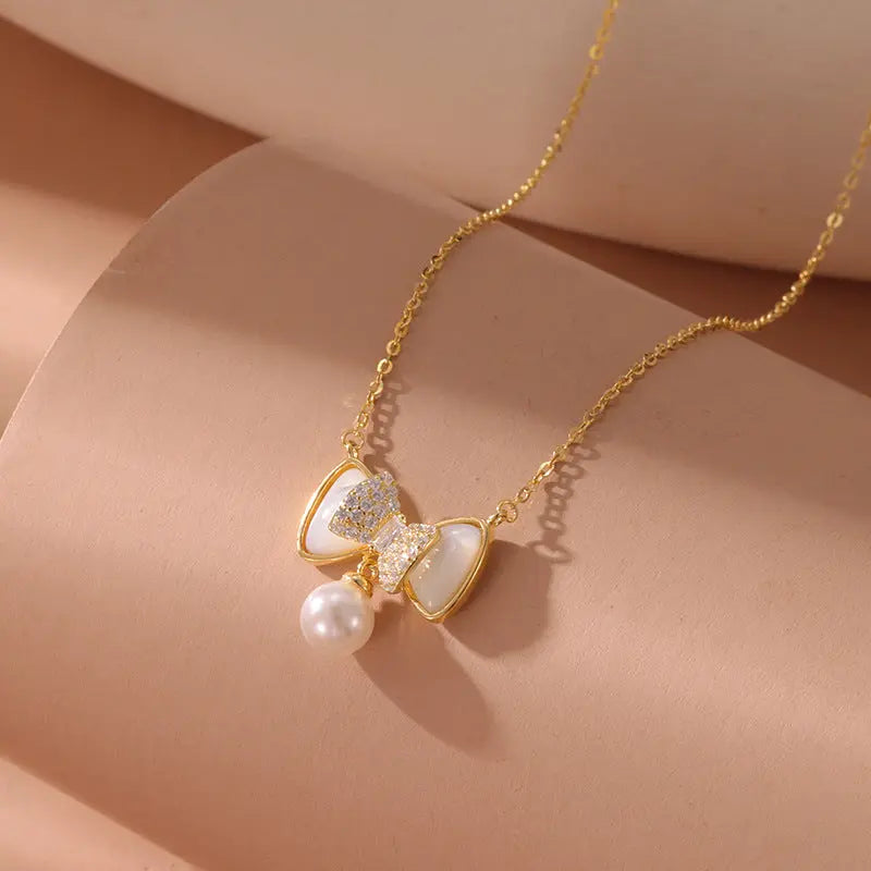 Lovcia Speciality Design Bow Pearl Pendant Sterling Silver Necklace for Women-Necklaces-925 Silver-925 Silver