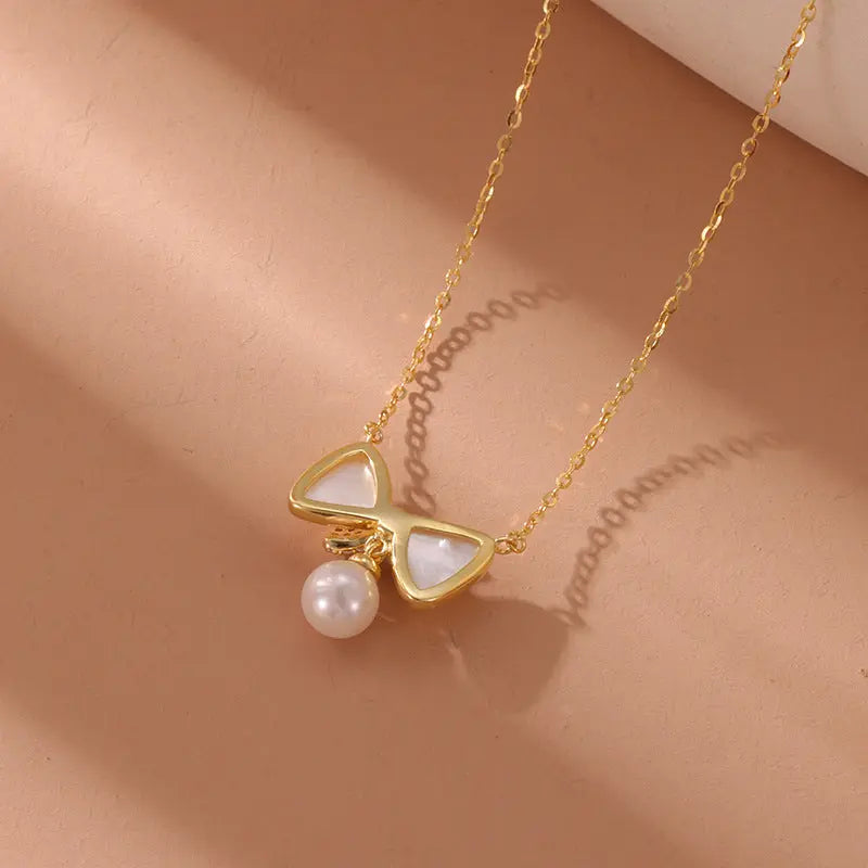 Lovcia Speciality Design Bow Pearl Pendant Sterling Silver Necklace for Women-Necklaces-925 Silver-925 Silver
