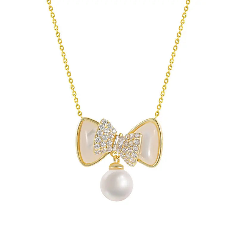 Lovcia Speciality Design Bow Pearl Pendant Sterling Silver Necklace for Women-Necklaces-925 Silver-925 Silver