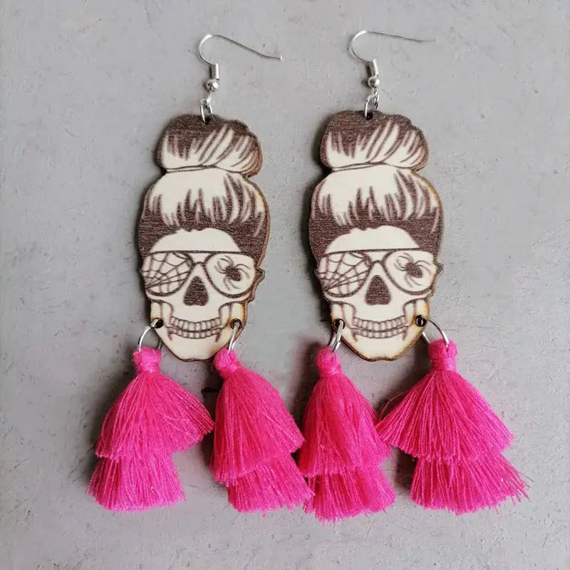 Lovcia Spider Grandma Tassel Detail Dangle Earrings-Earrings-Hot Pink-One Size-Hot Pink